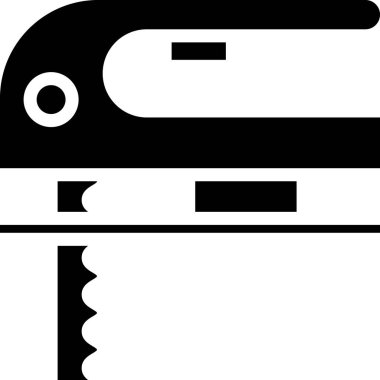 Beyaz zemin üzerinde çelik keskin bıçak ikonu olan siyah elektrikli yapboz. Ahşap işçiliği için elektrikli alet. Vektör İllüstrasyonu