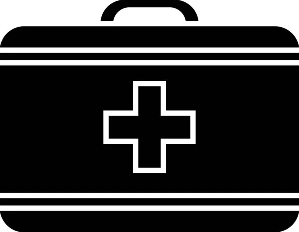 Ícone de kit de primeiros socorros preto isolado no fundo branco. Caixa médica com cruz. Equipamento médico de emergência. Conceito de saúde. Ilustração vetorial — Vetor de Stock