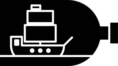 Beyaz zemin üzerinde gemi simgesi olan siyah cam şişe. Deniz gemisinin minyatür modeli. Hobi ve deniz teması. Vektör İllüstrasyonu