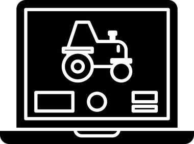 Beyaz arkaplanda izole edilmiş akıllı bir çiftlik ikonu üzerindeki özerk bir traktörü kontrol etmek için siyah dizüstü bilgisayar uygulaması. Akıllı tarım uygulaması. Vektör İllüstrasyonu