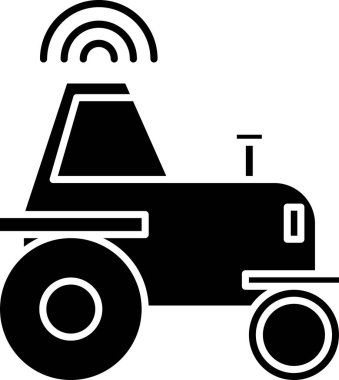 Siyah Self beyaz arka planda izole edilmiş akıllı bir çiftlik ikonu üzerinde kablosuz traktör kullanıyor. Akıllı tarım elementi uygular. Vektör İllüstrasyonu