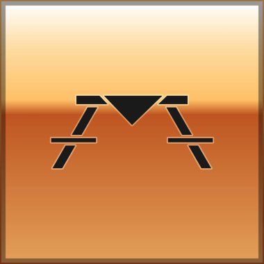 Siyah piknik masası, masa simgesinin her iki tarafında da altın arkaplanda izole edilmiş banklar. Vektör İllüstrasyonu