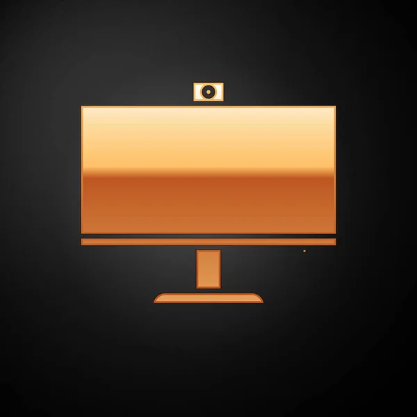 Ícone monitor de computador de ouro isolado no fundo preto. Assinatura do componente do PC. Ilustração vetorial —  Vetores de Stock