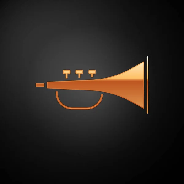 Ícone de trompete de instrumento musical dourado isolado em fundo preto. Ilustração vetorial — Vetor de Stock