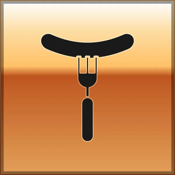 Saucisse noire sur l'icône fourchette isolée sur fond doré. Saucisse grillée et arôme signe. Illustration vectorielle — Image vectorielle