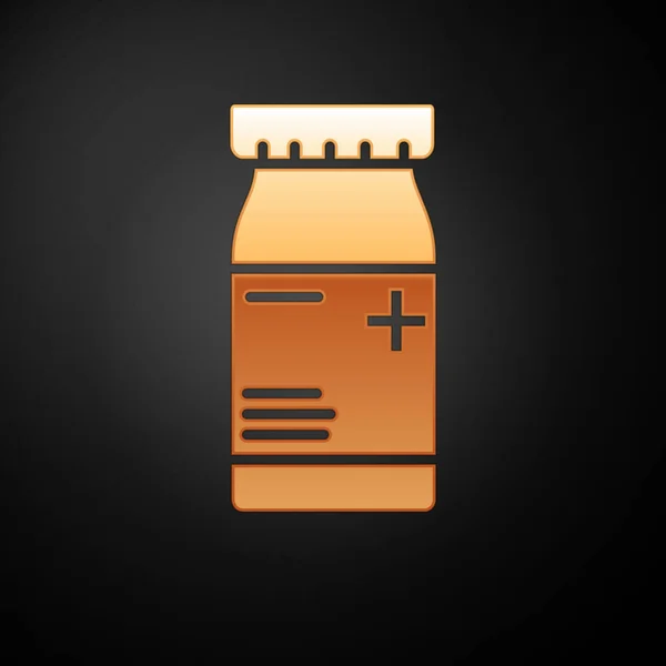 ゴールドメディシンボトルと錠剤のアイコンは、黒の背景に分離しました。ボトルピルサイン薬局の設計。ベクトルイラストレーション — ストックベクタ