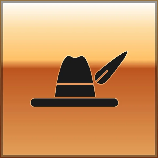 Schwarzer Oktoberfest-Hut auf goldenem Hintergrund. Jägermütze mit Feder. deutscher Hut. Vektorillustration — Stockvektor