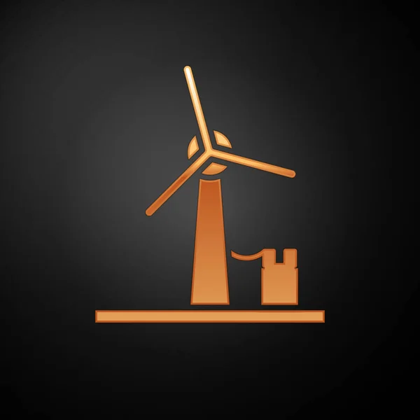 黒の背景に分離されたゴールド風力タービンアイコン。風力発電機の標識電力生産のための風車。ベクターイラスト — ストックベクタ