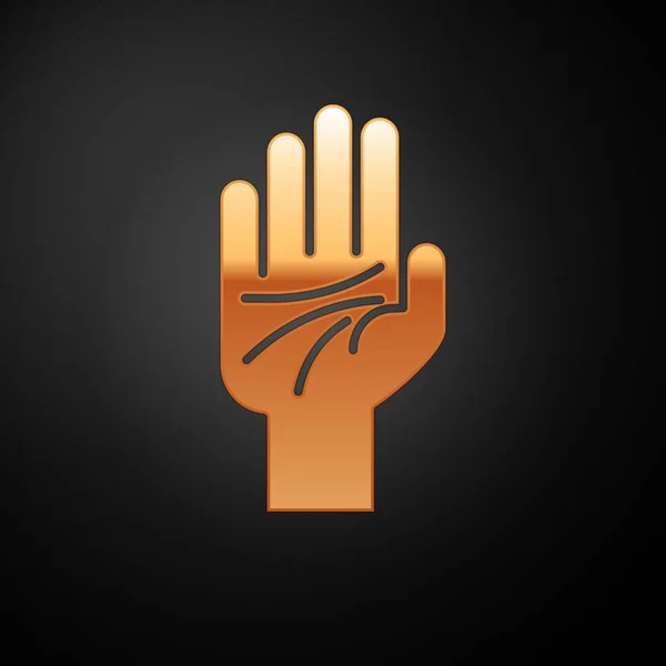 Gold Palmistry del icono de la mano aislado sobre fondo negro. Ilustración vectorial — Vector de stock