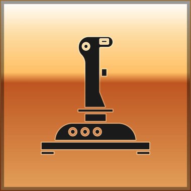 Atari makinesi simgesi için siyah Joystick altın arka planda izole edilmiş. Joystick oyun alanı. Vektör İllüstrasyonu