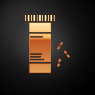 Altın Tıp şişe ve hap simgesi siyah arka plan üzerinde izole. Şişe hapı işareti. Eczane tasarımı. Vektör İllüstrasyonu
