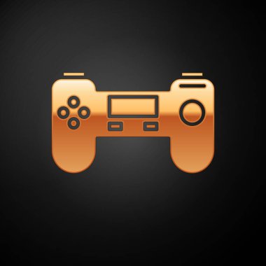 Altın Gamepad simgesi siyah arka planda izole. Oyun kumandası. Vektör İllüstrasyonu