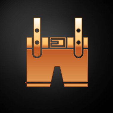 Altın Lederhosen simgesi siyah arkaplanda izole edildi. Geleneksel Bavyera kıyafetleri. Oktoberfest kıyafeti. Pantolon ve pantolon askısı. Patrick günü. Vektör İllüstrasyonu