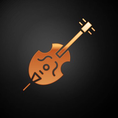 Altın keman simgesi siyah arkaplanda izole edildi. Müzik aleti. Vektör İllüstrasyonu