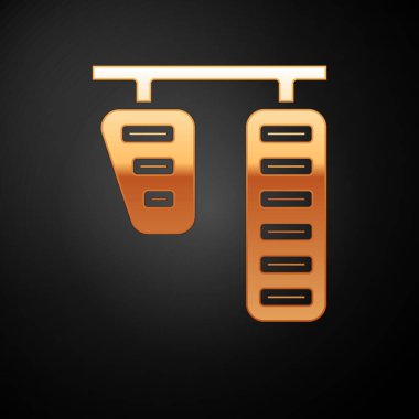 Siyah arka planda altın araba gazı ve fren pedalları ikonu izole edildi. Vektör İllüstrasyonu