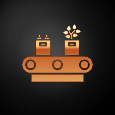 Siyah arkaplanda izole edilmiş karton kutu simgesiyle altın taşıyıcı bandı. Vektör İllüstrasyonu