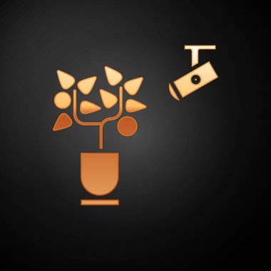 Gold Smart tarım teknolojisi. Uygulama simgesindeki tarım otomasyon sistemi siyah arka planda izole edilmiş. Vektör İllüstrasyonu