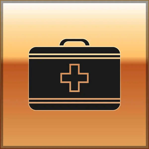 Черная иконка аптечки на золотом фоне. Медицинская коробка с крестом. Медицинское оборудование для чрезвычайных ситуаций. Концепция здравоохранения. Векторная миграция — стоковый вектор