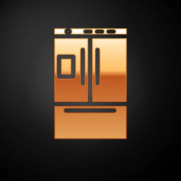 Icono del refrigerador dorado aislado sobre fondo negro. Refrigerador congelador refrigerador. Tecnología y electrodomésticos. Ilustración vectorial — Vector de stock