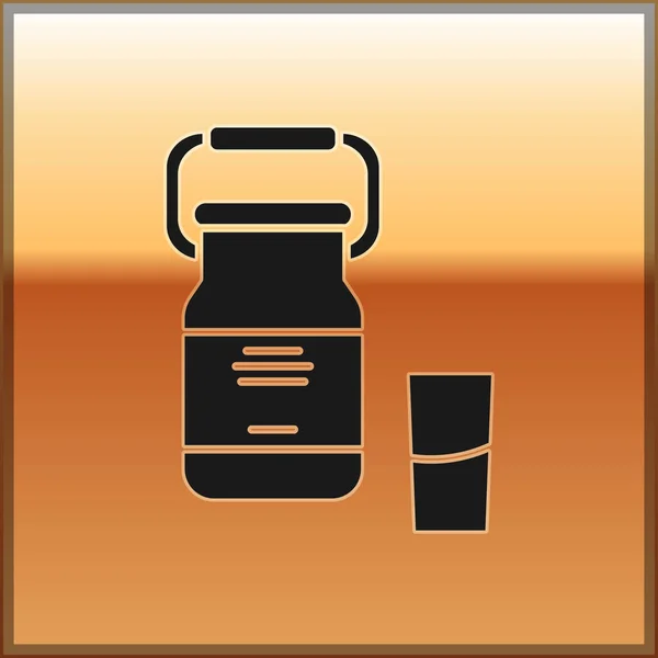 Чорний контейнер для молока та скляної ікони ізольовано на золотому тлі. Векторна ілюстрація — стоковий вектор
