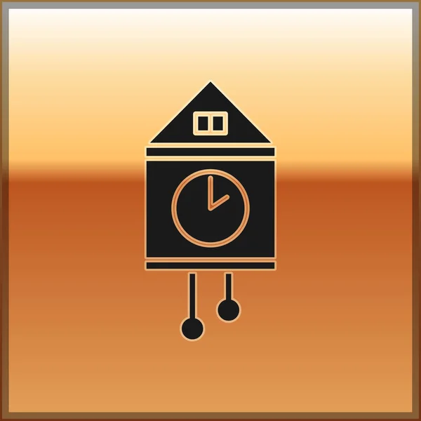 Negro Retro icono de reloj de pared aislado sobre fondo de oro. Signo del reloj de cuco. Reloj de péndulo antiguo. Ilustración vectorial — Archivo Imágenes Vectoriales