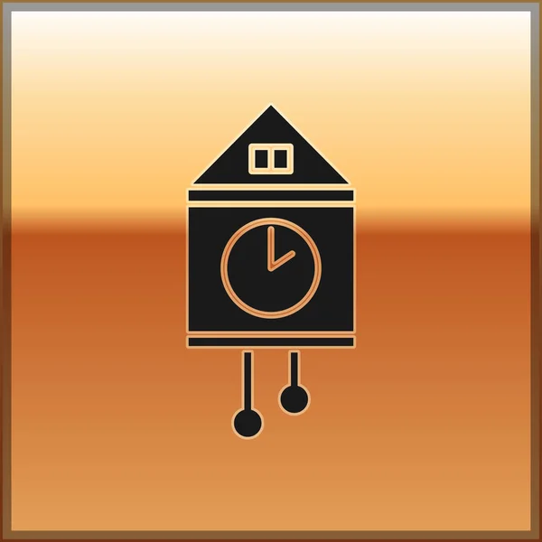 Zwarte retro muur horloge pictogram geïsoleerd op de gouden achtergrond. Koekoeksklok teken. Antieke slinger klok. Vector illustratie — Stockvector