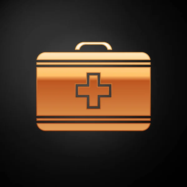 Oro Icona kit di pronto soccorso isolato su sfondo nero. Scatola medica con croce. Attrezzature mediche per l'emergenza. Concetto sanitario. Illustrazione vettoriale — Vettoriale Stock