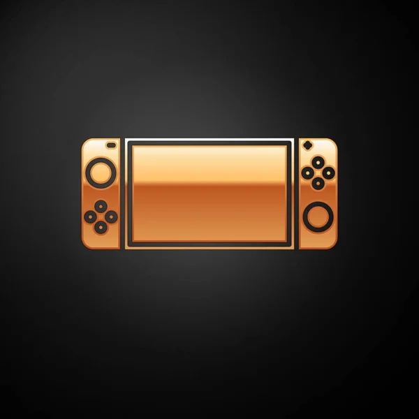 Gold Icona console portatile per videogiochi isolata su sfondo nero. Segno del gamepad. Concetto di gioco. Illustrazione vettoriale — Vettoriale Stock