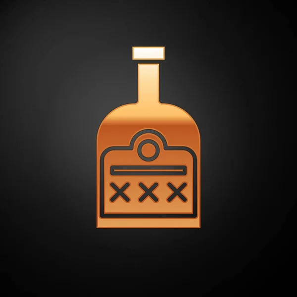 Gold Alcohol drinken Rum fles pictogram geïsoleerd op zwarte achtergrond. Vector Illustratie — Stockvector