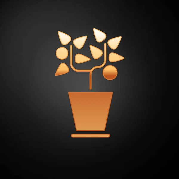 Золота рослина в іконі горщика ізольована на чорному тлі. Рослина росте в горщику. Знак рослини з горщиками. Векторна ілюстрація — стоковий вектор