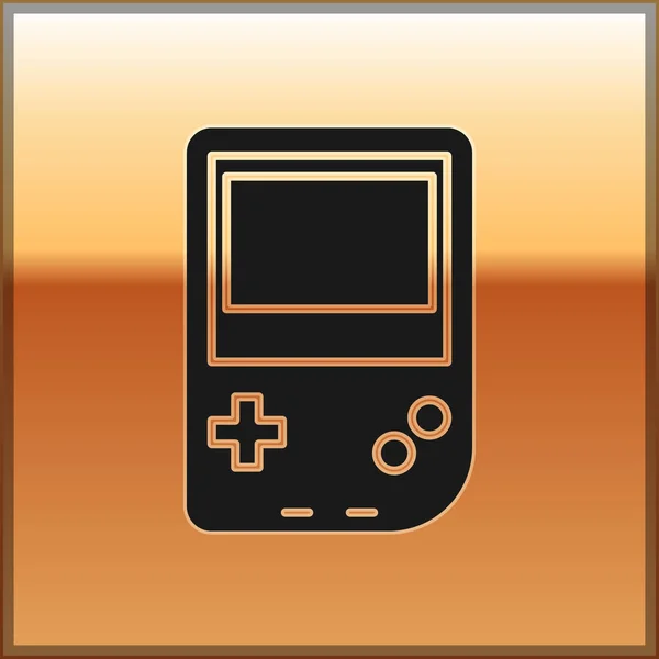 Black Portable video game console icon isolated on gold background. Gamepad sign. Gaming concept. Vector Illustration — Stock Vector