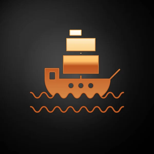 Złota ikona okrętu wyizolowana na czarnym tle. Ilustracja wektorowa — Wektor stockowy