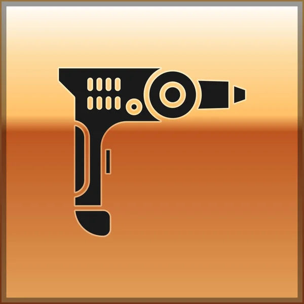 Black Electric drill machine icon isolated on gold background. Repair tool. Vector Illustration — Stock Vector
