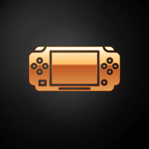 Gold Portable video game console icon isolated on black background. Gamepad sign. Gaming concept. Vector Illustration — Stock Vector