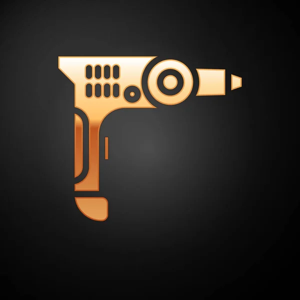Goldenes Symbol der Bohrmaschine isoliert auf schwarzem Hintergrund. Reparaturwerkzeug. Vektorillustration — Stockvektor