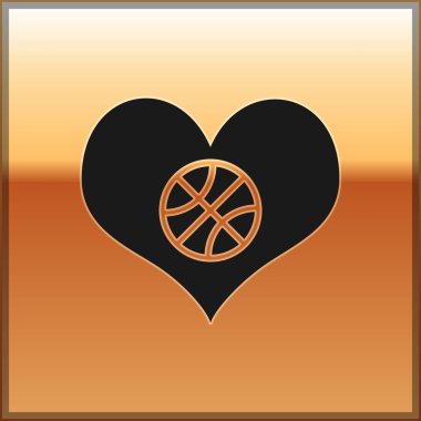 Siyah Kalp ve basketbol topu altın arka planda izole edilmiş bir ikon. Basketbol aşkı. Vektör İllüstrasyonu