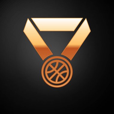 Siyah arka planda izole edilmiş kurdele ikonu olan altın basketbol madalyası. Vektör İllüstrasyonu