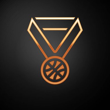 Siyah arka planda izole edilmiş kurdele ikonu olan altın basketbol madalyası. Vektör İllüstrasyonu