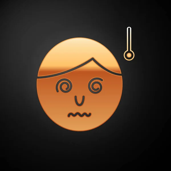 Gold Alta temperatura del cuerpo humano u obtenga un icono de fiebre aislado sobre fondo negro. Enfermedad, resfriado, síntoma de gripe. Ilustración vectorial — Vector de stock