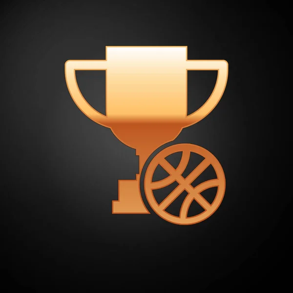 금색 컵 과 농구 공 모양의 아이콘 이 검은 배경에 분리되어 있습니다. 우승 트로피의 상징. 우승이나 경쟁 트로피. 벡터 일러스트 — 스톡 벡터