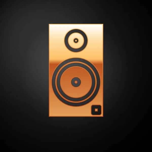 Gold-Stereo-Lautsprechersymbol isoliert auf schwarzem Hintergrund. Soundsystem-Lautsprecher. Musik-Ikone. Musiksäule Lautsprecher Bass Ausrüstung. Vektorillustration — Stockvektor