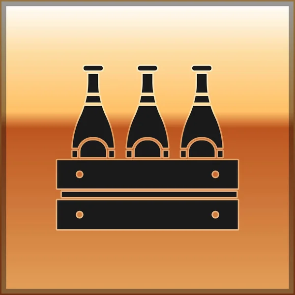 Чорна упаковка значка пляшок пива ізольована на золотому фоні. Дерев'яна коробка і пляшки пива. Ящик для ящика для пива. Векторна ілюстрація — стоковий вектор