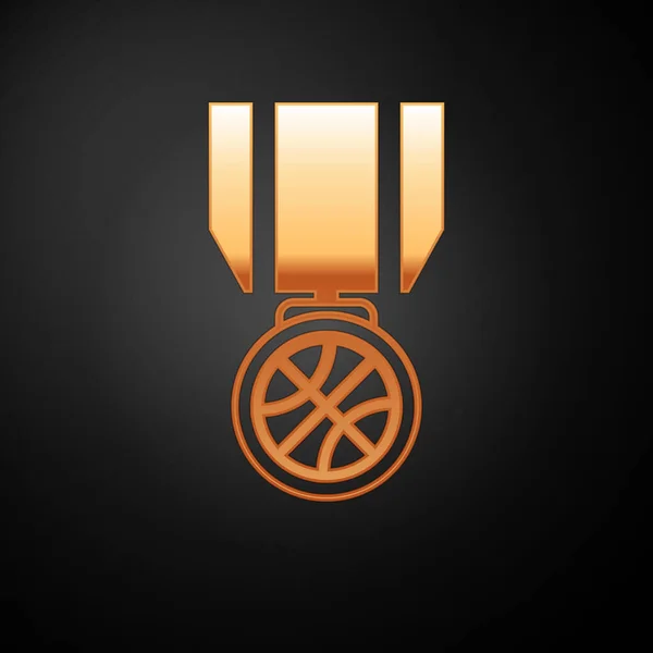 Médaille de basketball en or avec icône de ruban isolée sur fond noir. Illustration vectorielle — Image vectorielle