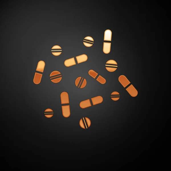 Gold Medicine comprimido ou tablet ícone isolado no fundo preto. Comprimido de cápsula e sinal de droga. Design de farmácia. Ilustração vetorial — Vetor de Stock