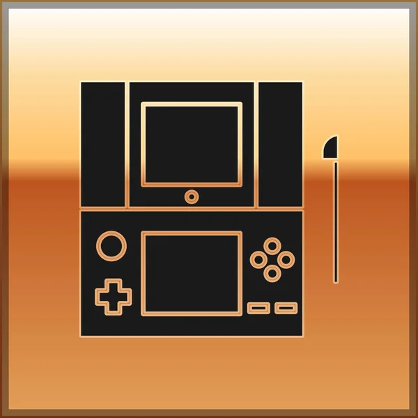 Svart bärbar videospel konsol ikon isolerad på guld bakgrund. Gamepadskylt. Spelkoncept. Vektor Illustration — Stock vektor