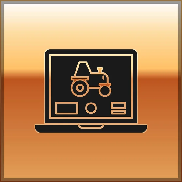 Приложение Black Laptop для управления автономным трактором на смарт-иконке фермы изолировано на золотом фоне. Умное сельское хозяйство. Векторная миграция — стоковый вектор
