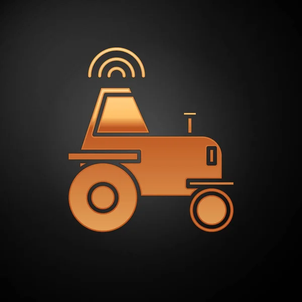 Gold Self driving tracteur sans fil sur une icône de ferme intelligente isolé sur fond noir. Agriculture intelligente élément de mise en œuvre. Illustration vectorielle — Image vectorielle