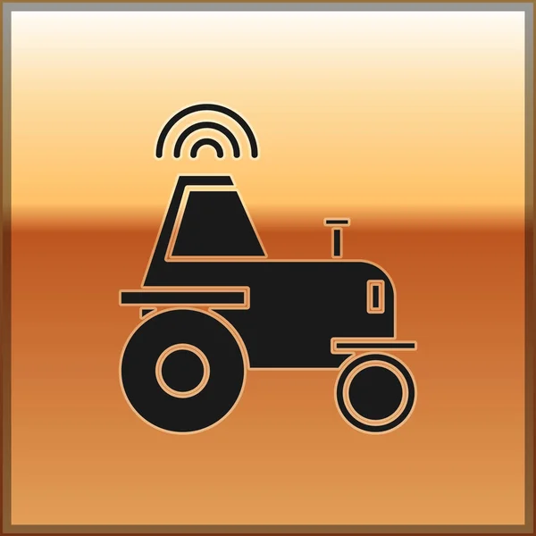 Black Self driving wireless tractor on a smart farm icon isolated on gold background. Smart agriculture implement element. Vector Illustration — ストックベクタ