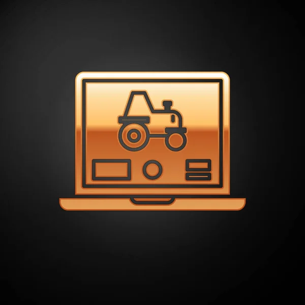 金色笔记本电脑应用程序，用于控制一个智能农场图标上的自动拖拉机，该图标与黑色背景隔离。 智能农业实施。 病媒图解 — 图库矢量图片