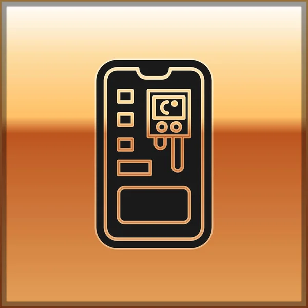 Black Smart kontrol sistem pertanian Ikon aplikasi mobile terisolasi dengan latar belakang emas. Ilustrasi Vektor - Stok Vektor